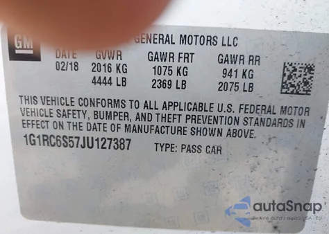 2018 Chevrolet Volt Lt из США, поврежденный, VIN 1G1RC6S57JU127387